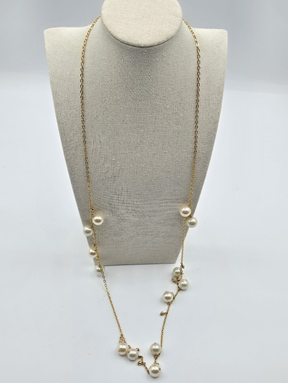 J CREW Long Gold Tone Necklace Pearl & Rhineatone Detail J Crew Pouch Included